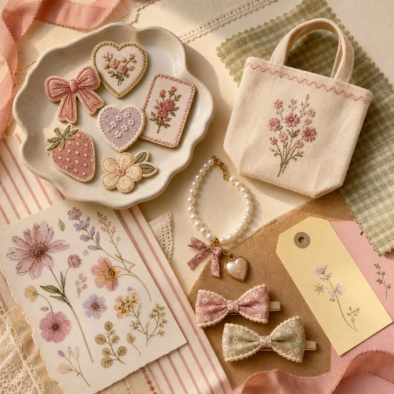 Handmade fabric patches, mini tote, pearl charm necklace and floral bow clips on scrapbook paper